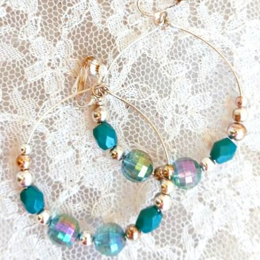 BLUE CRYSTAL & SILVER HOOP EARRINGS WITH AQUAMARINE BEVELED BEADS * CLIP-ONS